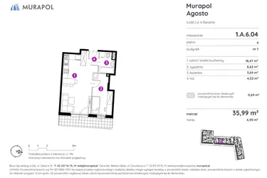 Rzut - Mieszkanie na sprzedaż 2 pokoje o powierzchni 35,87 m² - numer 1.A.6.04 w Murapol Agosto