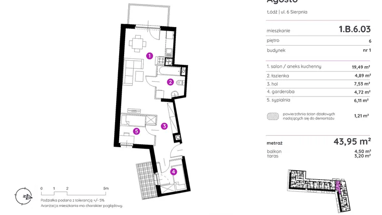Rzut - Mieszkanie na sprzedaż 2 pokoje o powierzchni 43,79 m² - numer 1.B.6.03 w Murapol Agosto