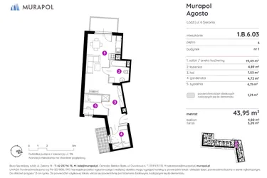 Rzut - Mieszkanie na sprzedaż 2 pokoje o powierzchni 43,79 m² - numer 1.B.6.03 w Murapol Agosto