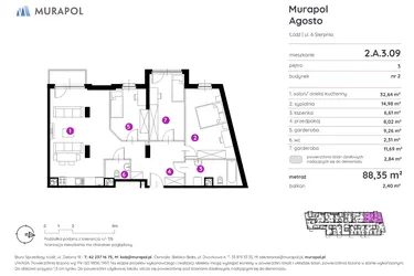 Rzut - Mieszkanie na sprzedaż 2 pokoje o powierzchni 88,55 m² - numer 2.A.3.09 w Murapol Agosto
