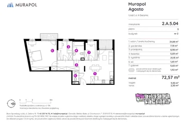 Rzut - Mieszkanie na sprzedaż 2 pokoje o powierzchni 72,25 m² - numer 2.A.5.04 w Murapol Agosto