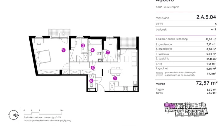 Rzut - Mieszkanie na sprzedaż 2 pokoje o powierzchni 72,25 m² - numer 2.A.5.04 w Murapol Agosto