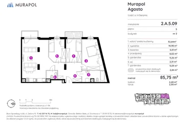 Rzut - Mieszkanie na sprzedaż 2 pokoje o powierzchni 85,51 m² - numer 2.A.5.09 w Murapol Agosto