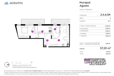 Rzut - Mieszkanie na sprzedaż 2 pokoje o powierzchni 56,97 m² - numer 2.A.6.04 w Murapol Agosto