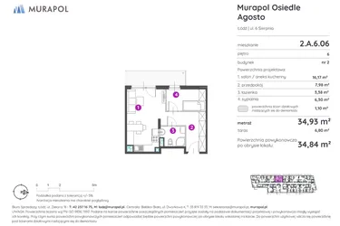 Rzut - Mieszkanie na sprzedaż 2 pokoje o powierzchni 34,84 m² - numer 2.A.6.06 w Murapol Agosto