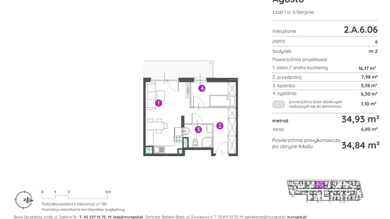 Rzut - Mieszkanie na sprzedaż 2 pokoje o powierzchni 34,84 m² - numer 2.A.6.06 w Murapol Agosto