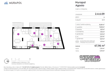 Rzut - Mieszkanie na sprzedaż 2 pokoje o powierzchni 67,68 m² - numer 2.A.6.09 w Murapol Agosto