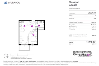 Rzut - Mieszkanie na sprzedaż 2 pokoje o powierzchni 41,85 m² - numer 2.A.6.11 w Murapol Agosto