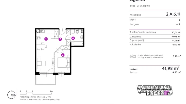 Rzut - Mieszkanie na sprzedaż 2 pokoje o powierzchni 41,85 m² - numer 2.A.6.11 w Murapol Agosto