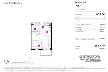 Rzut - Mieszkanie na sprzedaż 2 pokoje o powierzchni 36,47 m² - numer 2.A.6.12 w Murapol Agosto