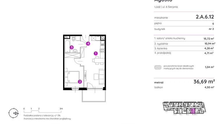 Rzut - Mieszkanie na sprzedaż 2 pokoje o powierzchni 36,47 m² - numer 2.A.6.12 w Murapol Agosto