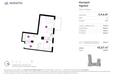 Rzut - Mieszkanie na sprzedaż 1 pokój o powierzchni 43,61 m² - numer 3.A.6.01 w Murapol Agosto