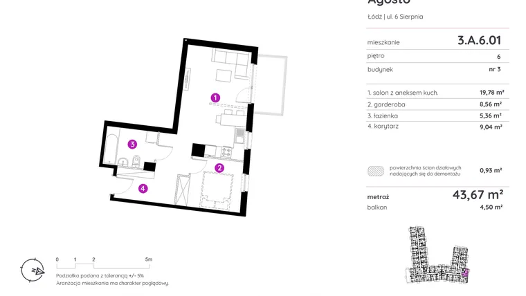 Rzut - Mieszkanie na sprzedaż 1 pokój o powierzchni 43,61 m² - numer 3.A.6.01 w Murapol Agosto