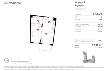 Rzut - Mieszkanie na sprzedaż 2 pokoje o powierzchni 42,28 m² - numer 3.A.6.05 w Murapol Agosto