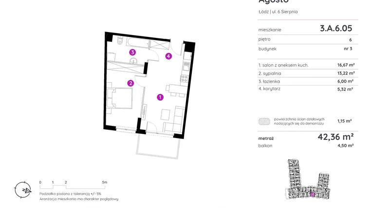 Rzut - Mieszkanie na sprzedaż 2 pokoje o powierzchni 42,28 m² - numer 3.A.6.05 w Murapol Agosto