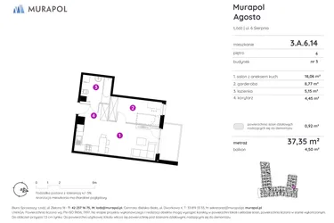 Rzut - Mieszkanie na sprzedaż 1 pokój o powierzchni 37,53 m² - numer 3.A.6.14 w Murapol Agosto