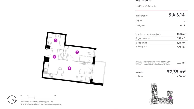 Rzut - Mieszkanie na sprzedaż 1 pokój o powierzchni 37,53 m² - numer 3.A.6.14 w Murapol Agosto