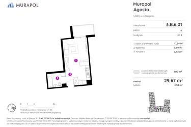 Rzut - Mieszkanie na sprzedaż 1 pokój o powierzchni 29,71 m² - numer 3.B.6.01 w Murapol Agosto
