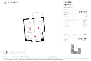 Rzut - Mieszkanie na sprzedaż 1 pokój o powierzchni 38,35 m² - numer 3.B.6.02 w Murapol Agosto