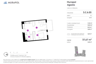 Rzut - Mieszkanie na sprzedaż 1 pokój o powierzchni 37,56 m² - numer 3.C.6.03 w Murapol Agosto