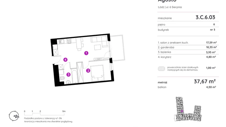 Rzut - Mieszkanie na sprzedaż 1 pokój o powierzchni 37,56 m² - numer 3.C.6.03 w Murapol Agosto