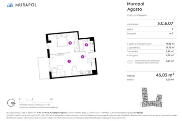 Rzut - Mieszkanie na sprzedaż 1 pokój o powierzchni 42,78 m² - numer 3.C.6.07 w Murapol Agosto