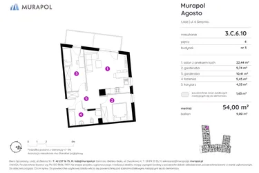 Rzut - Mieszkanie na sprzedaż 1 pokój o powierzchni 53,81 m² - numer 3.C.6.10 w Murapol Agosto