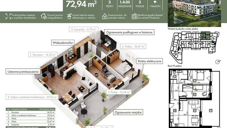 Rzut - Mieszkanie na sprzedaż 3 pokoje o powierzchni 72,94 m² - numer 01_04_05 w Ziębicka 30