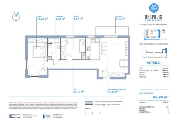 Rzut - Mieszkanie na sprzedaż 3 pokoje o powierzchni 66,24 m² - numer C.107 w Neopolis III