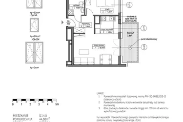 Rzut - Mieszkanie na sprzedaż 2 pokoje o powierzchni 44,6 m² - numer G.1.4.5 w City Park bud. G i H