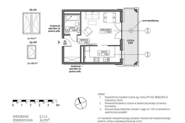 Rzut - Mieszkanie na sprzedaż 1 pokój o powierzchni 34,38 m² - numer G.1.7.4 w City Park bud. G i H