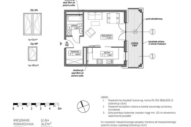Rzut - Mieszkanie na sprzedaż 1 pokój o powierzchni 34,27 m² - numer G.1.8.4 w City Park bud. G i H