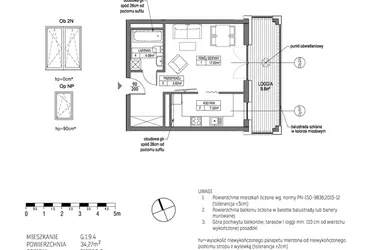 Rzut - Mieszkanie na sprzedaż 1 pokój o powierzchni 34,2 m² - numer G.1.9.4 w City Park bud. G i H