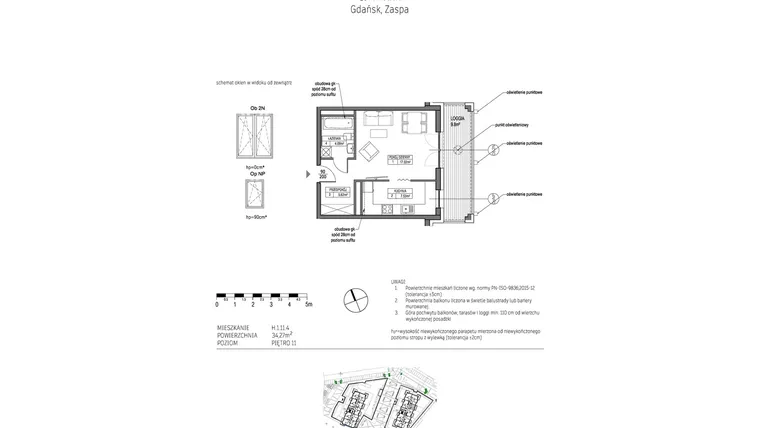 Rzut - Mieszkanie na sprzedaż 1 pokój o powierzchni 34,27 m² - numer H.1.11.4 w City Park bud. G i H