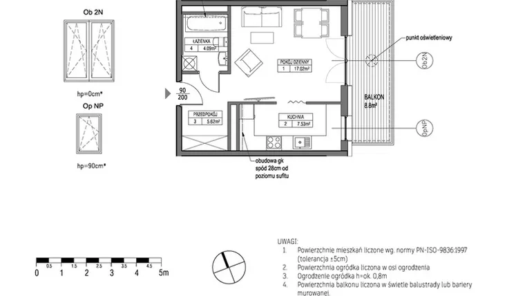 Rzut - Mieszkanie na sprzedaż 1 pokój o powierzchni 34,27 m² - numer H.1.4.4 w City Park bud. G i H