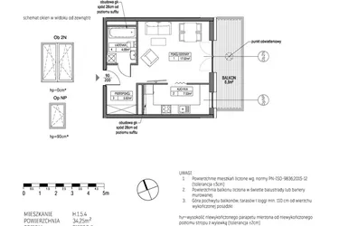 Rzut - Mieszkanie na sprzedaż 1 pokój o powierzchni 34,3 m² - numer H.1.5.4 w City Park bud. G i H