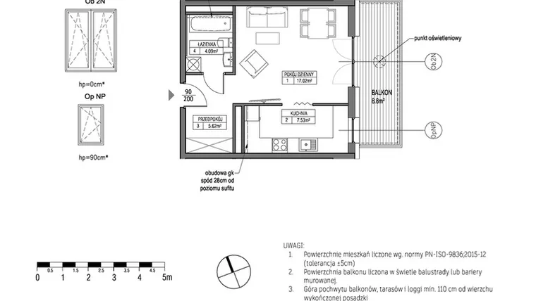Rzut - Mieszkanie na sprzedaż 1 pokój o powierzchni 34,27 m² - numer H.1.6.4 w City Park bud. G i H