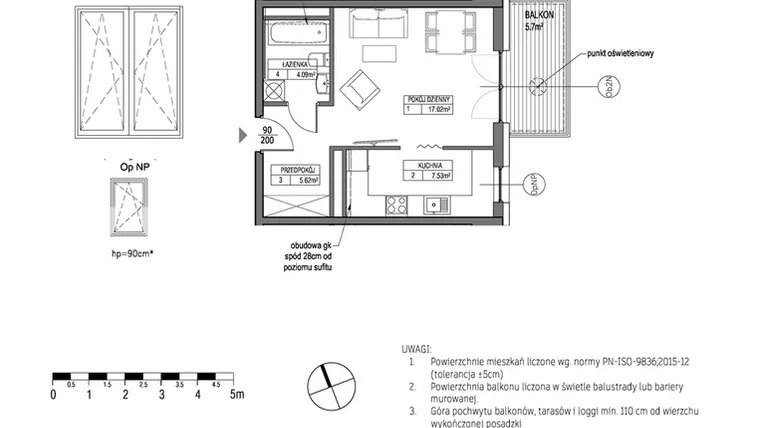 Rzut - Mieszkanie na sprzedaż 1 pokój o powierzchni 34,27 m² - numer H.1.7.4 w City Park bud. G i H