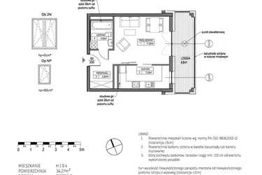 Rzut - Mieszkanie na sprzedaż 1 pokój o powierzchni 34,27 m² - numer H.1.9.4 w City Park bud. G i H