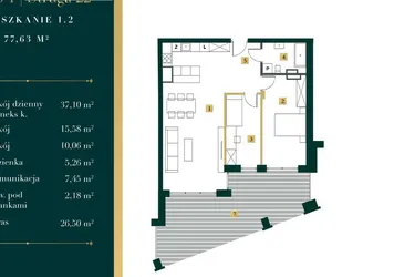 Rzut - Mieszkanie na sprzedaż 3 pokoje o powierzchni 76,53 m² - numer 1.2 w New Iron