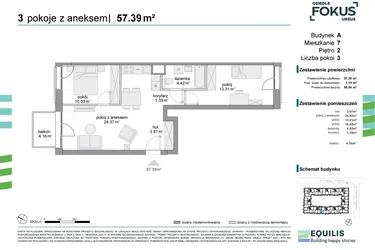 Rzut - Mieszkanie na sprzedaż 3 pokoje o powierzchni 57,39 m² - numer 7 w Osiedle Fokus Ursus