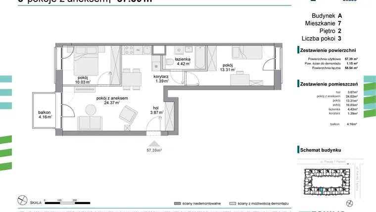 Rzut - Mieszkanie na sprzedaż 3 pokoje o powierzchni 57,39 m² - numer 7 w Osiedle Fokus Ursus