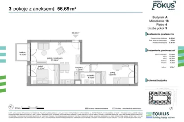 Rzut - Mieszkanie na sprzedaż 3 pokoje o powierzchni 56,69 m² - numer 18 w Osiedle Fokus Ursus