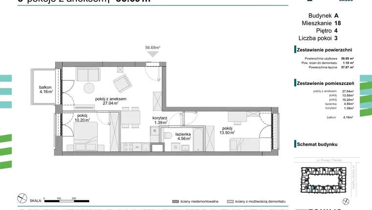Rzut - Mieszkanie na sprzedaż 3 pokoje o powierzchni 56,69 m² - numer 18 w Osiedle Fokus Ursus