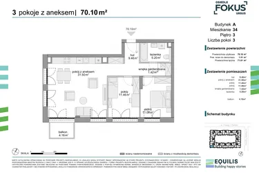 Rzut - Mieszkanie na sprzedaż 3 pokoje o powierzchni 69,81 m² - numer 34 w Osiedle Fokus Ursus