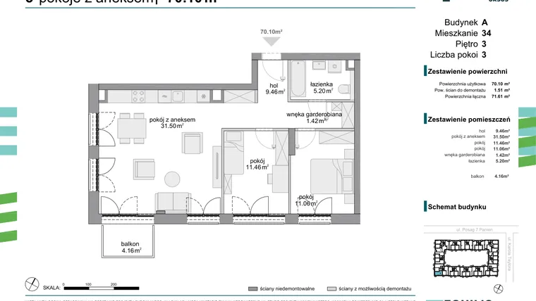 Rzut - Mieszkanie na sprzedaż 3 pokoje o powierzchni 69,81 m² - numer 34 w Osiedle Fokus Ursus