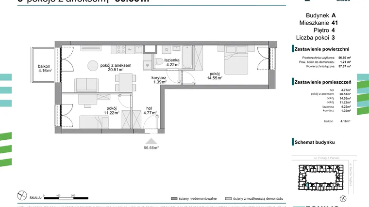 Rzut - Mieszkanie na sprzedaż 3 pokoje o powierzchni 56,66 m² - numer 41 w Osiedle Fokus Ursus