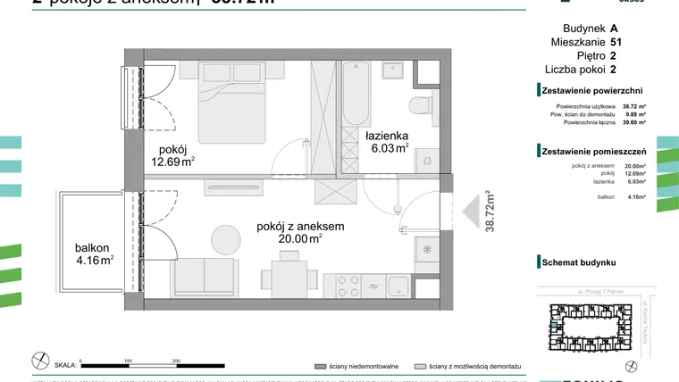 Rzut - Mieszkanie na sprzedaż 2 pokoje o powierzchni 38,72 m² - numer 51 w Osiedle Fokus Ursus