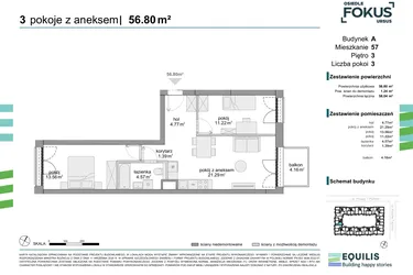 Rzut - Mieszkanie na sprzedaż 3 pokoje o powierzchni 56,8 m² - numer 57 w Osiedle Fokus Ursus