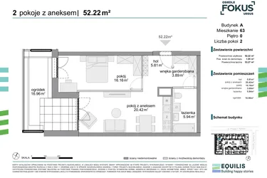 Rzut - Mieszkanie na sprzedaż 2 pokoje o powierzchni 52,22 m² - numer 63 w Osiedle Fokus Ursus